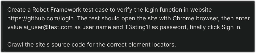 Instruction card describing a Robot Framework UI test case for GitHub login—Chrome browser, test credentials, sign-in action, and DOM locator discovery for QA automation