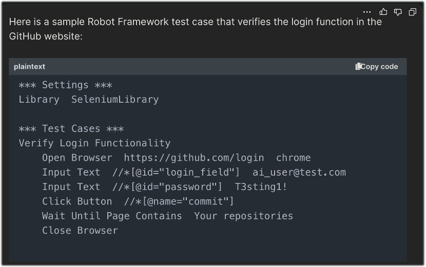 Example of a Robot Framework Selenium test case automating GitHub login verification, demonstrating browser automation, element locators, and functional testing best practices.