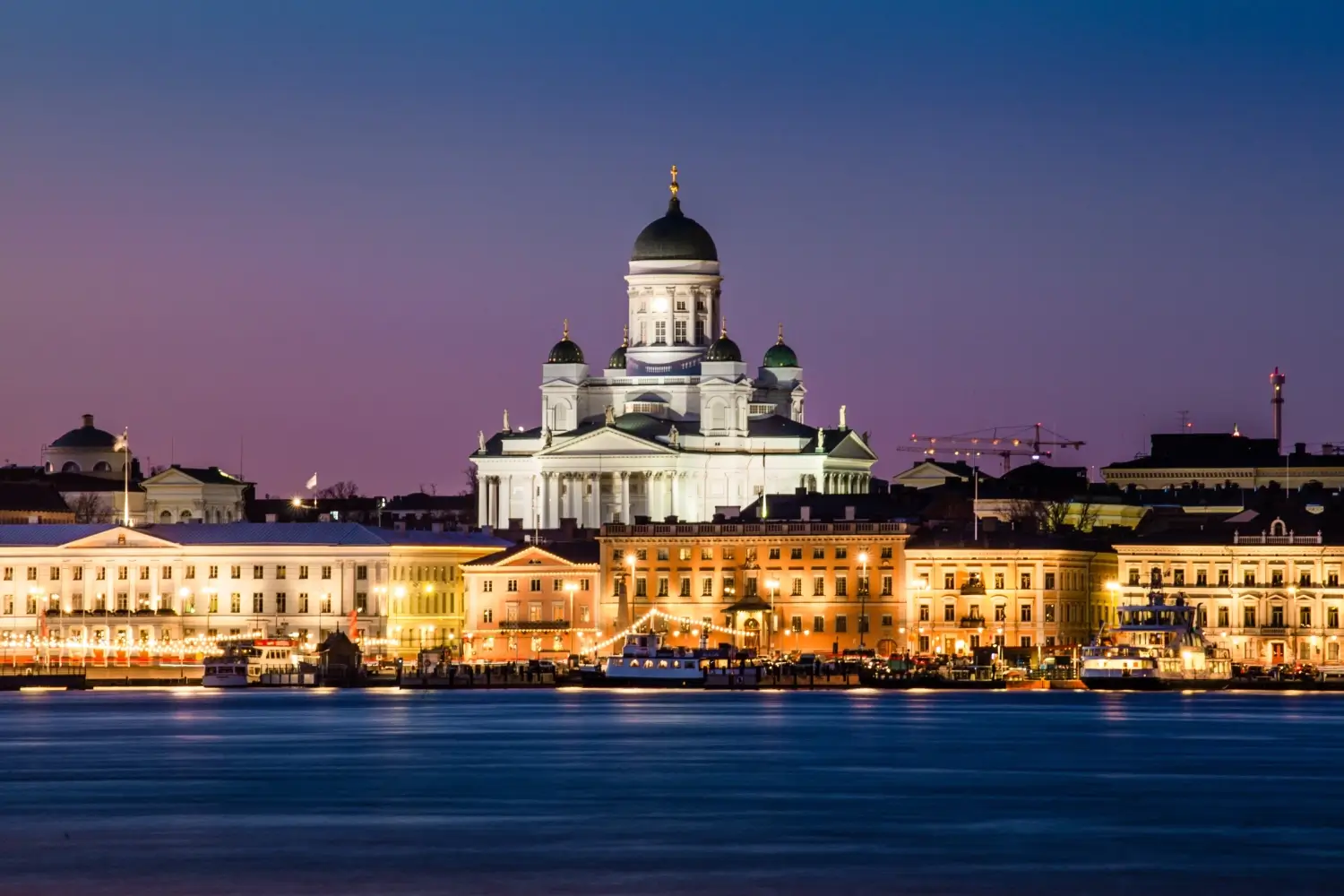 Helsinki Cathedral illuminated at sunset, Finland