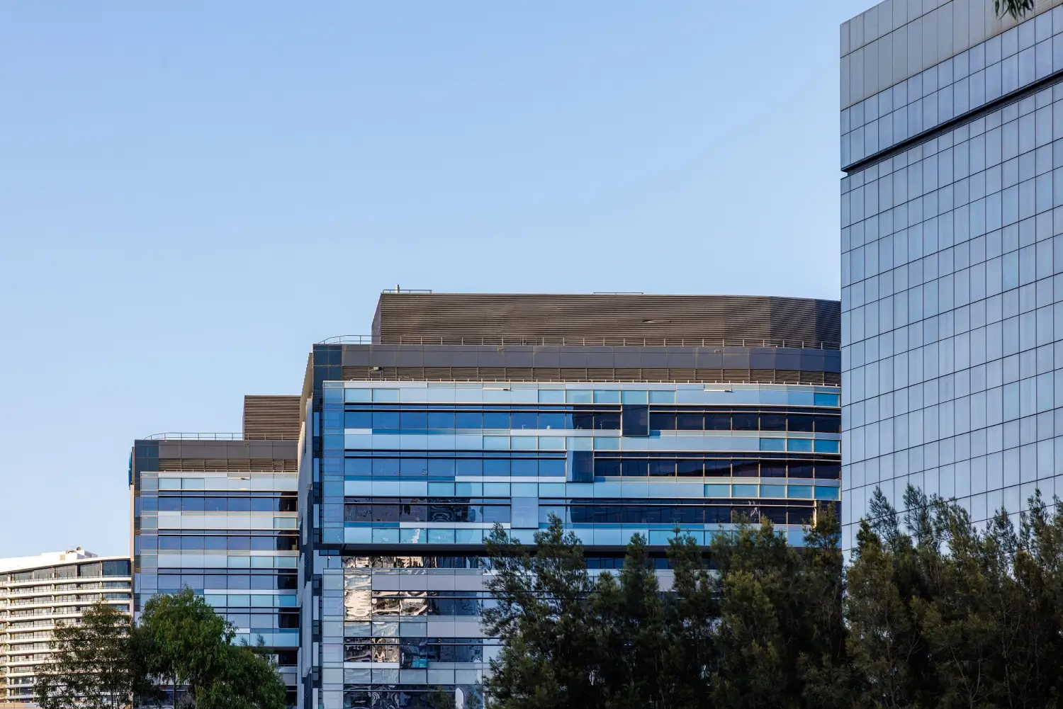 Modern glass office building with trees in front under clear blue sky