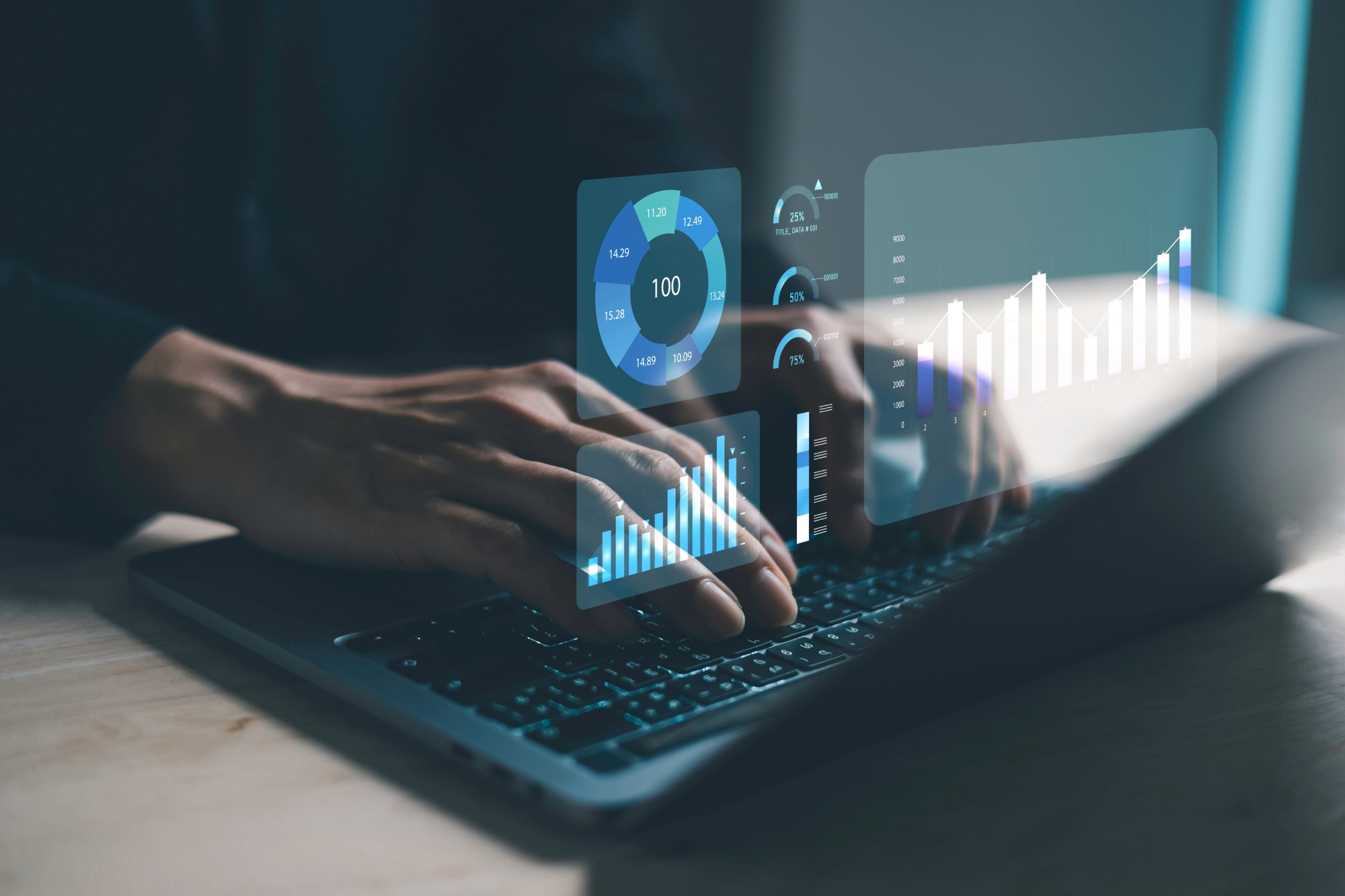 Person working on a laptop with virtual data analytics dashboards showing charts and performance metrics, representing digital transformation and IT solutions