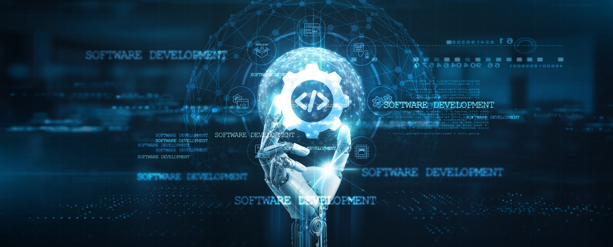 Futuristic robotic hand symbolizing AI-driven software development, automation, and digital transformation—reflecting IsoSkills’ focus on innovative technology and intelligent IT solutions.