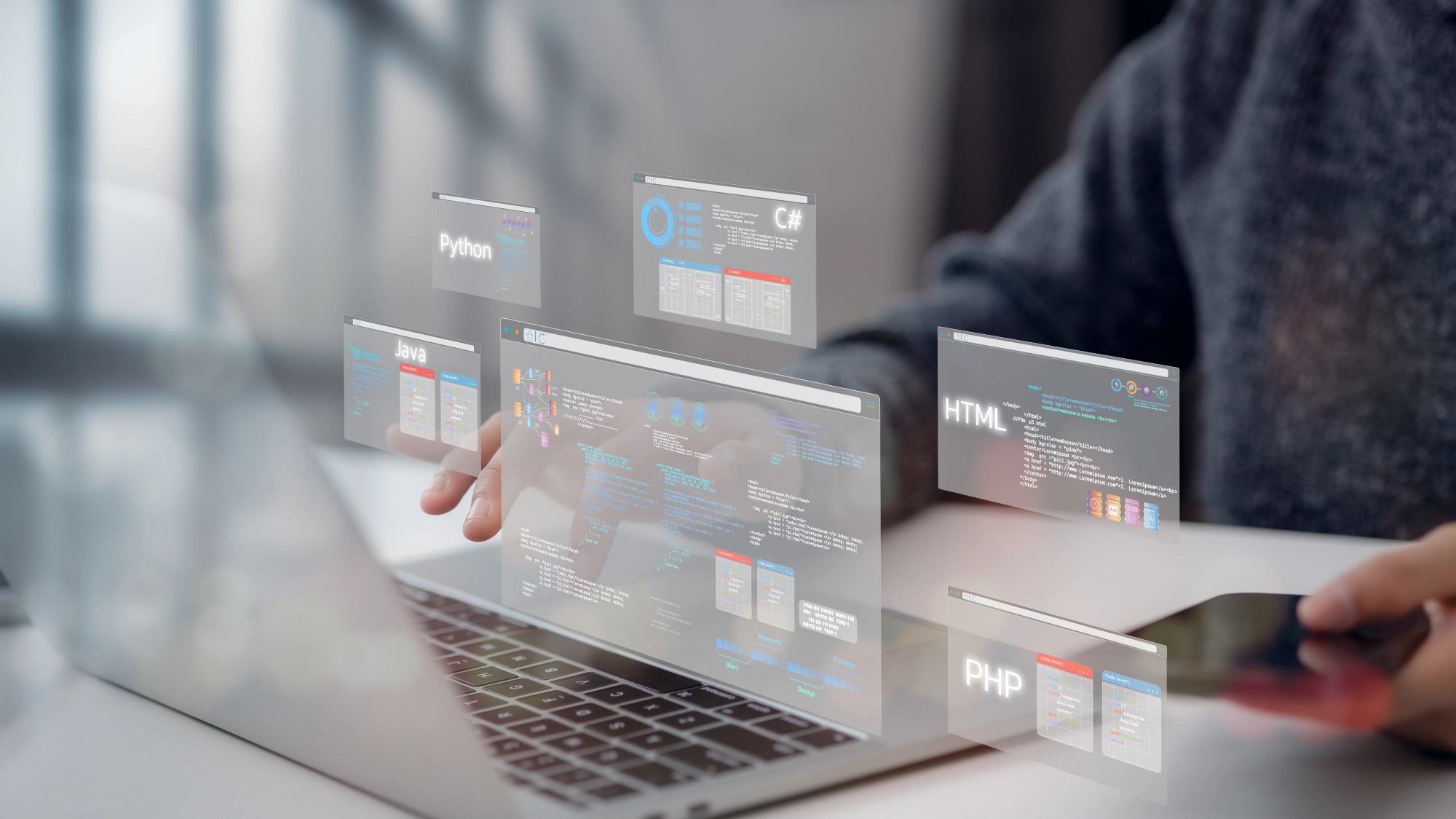 Software engineer coding with interactive virtual screens showing Python, Java, C#, HTML, and PHP—illustrating IsoSkills’ expertise in full-stack software development and multi-language programming