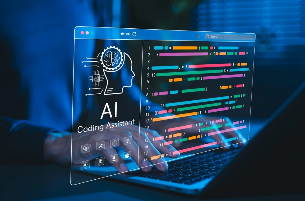 Developer using an AI coding assistant with a virtual interface showing intelligent code generation, representing IsoSkills’ innovation in AI-driven software development and automation.