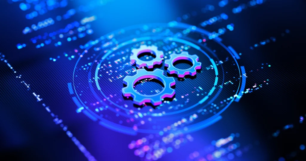 Abstract 3D visualization of gears representing intelligent automation, process optimization, and digital transformation — reflecting IsoSkills’ expertise in IT automation and software solutions.