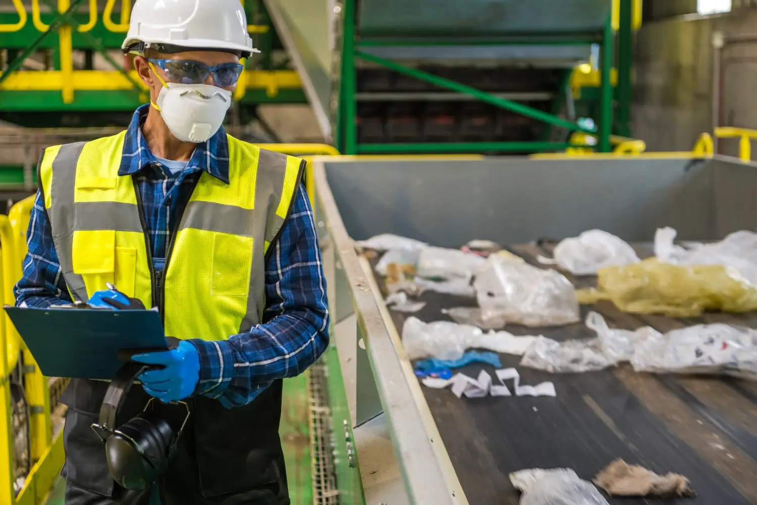 Worker in safety gear inspecting waste sorting conveyor at recycling facility